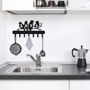 Charming Decorative Metal Wall Hooks for Keys - 7-Hook Love-Bird Rack for Kitchen Utensils and Key Storage