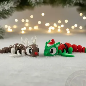 Articulated Reindeer and Elf Dragon Figurine Set, Cute 3D Printed Christmas Desk Decor, Holiday Shelf Collectibles, Stocking Stuffer Gift