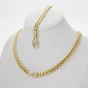 Set 2Pcs 14K/18K Gold Vacuum Plated with 5A+ Sri Lanka Zircon Stainless Steel Chain & Copper Coffee bean bag Clasp Miami Cuban Link Chain Italy Mexico & Micro Inspired Unisex Hip Hop 6mm Necklace&Bracelet for Men & Women Jewelry,Daily,Fashion,Gift,Chicano