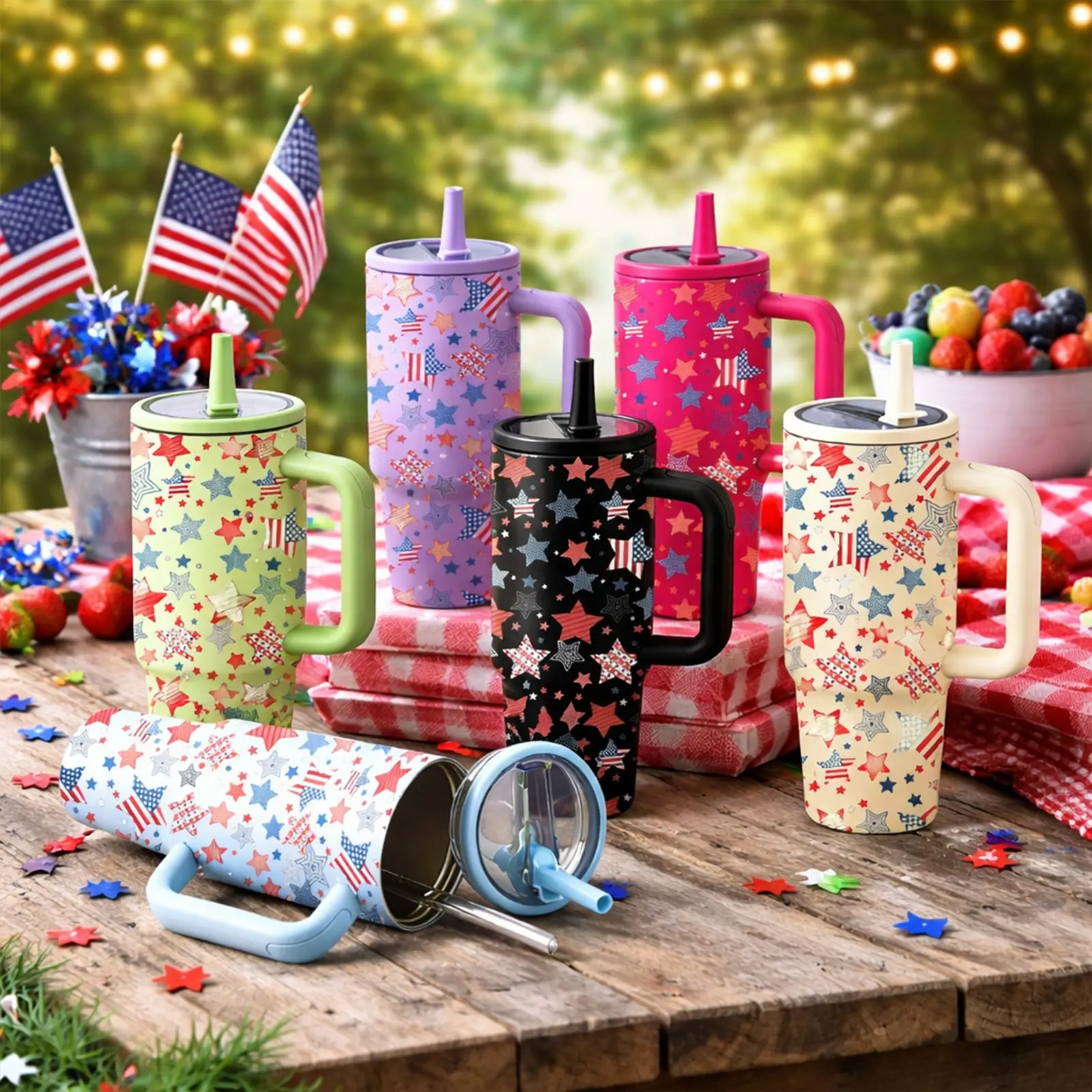 Patriotic 40oz Vacuum Insulated Tumbler, Insulated Drinkware, with Handle and Straw Lid, Double Wall Stainless Steel Travel Mug, Leak Resistant Design, Keeps Drinks Hot and Cold for Hours, USA Star Print, Reusable Cup for 4th of July Gifts