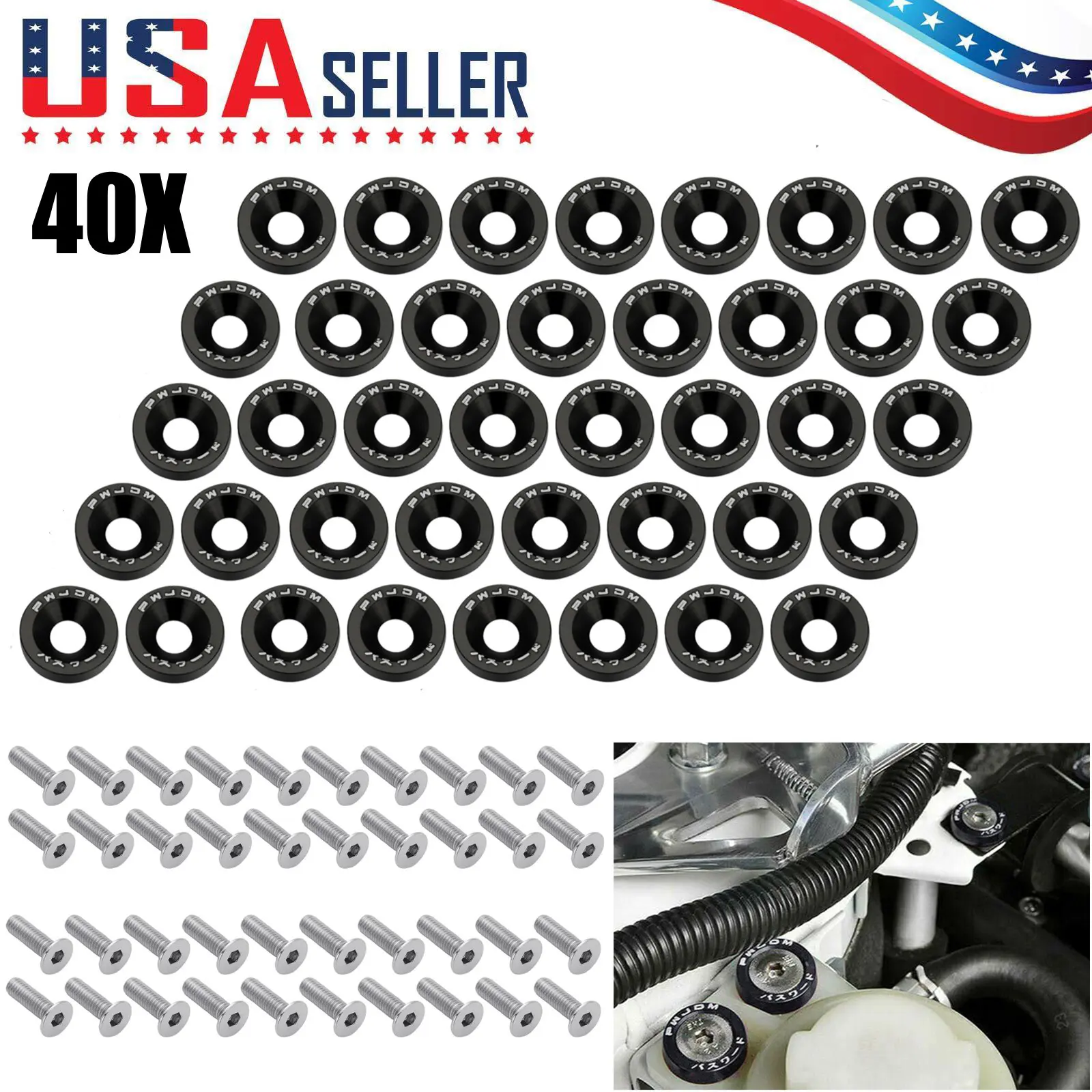 40 PCS JDM Billet Aluminum Fender Bumper Washer Bolt Engine Bay Dress Up Kit Black