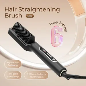 Hair Straightening Brush with Clear LED Displays & NTC Temp Control Anti-Scald Comb Design Negative Ion Technology for Damage-Free Styling Quick Heating Up