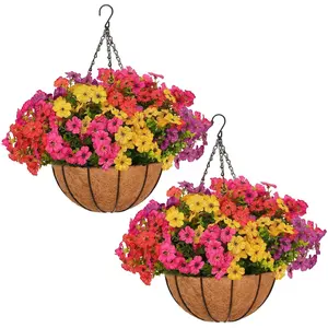 2 Sets Outdoor Artificial Flowers with Hanging Baskets, UV-Resistant Fake Suspended Flowers, Spring Decor for Porch, Patio, Garden, Window Box