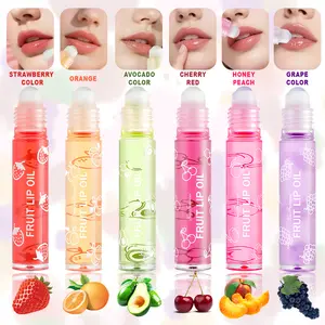 Hydrating Lip Oil Roller Gloss Juicy Glass Lips Non Sticky Moisturizing Lip Care Fruit Flavor Lip Gloss for Dry Lips Long Lasting Shine Strawberry Peach Grape Cherry