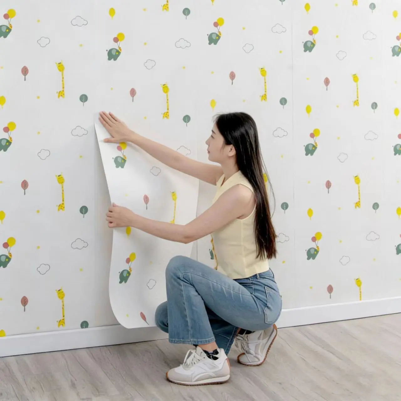 10mChildren's room self-adhesive wallpaper, Peel and stick wallpaper designs, cute animal/transportation print, non-woven wall paneling, waterproof and moisture-proof aluminum film, wall stickers, wall decoration for home