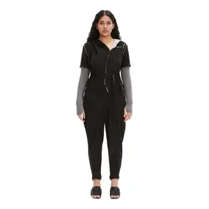 Black Short/Long Sleeve Plus Size Hooded Belted Casual Jumpsuit GAGA