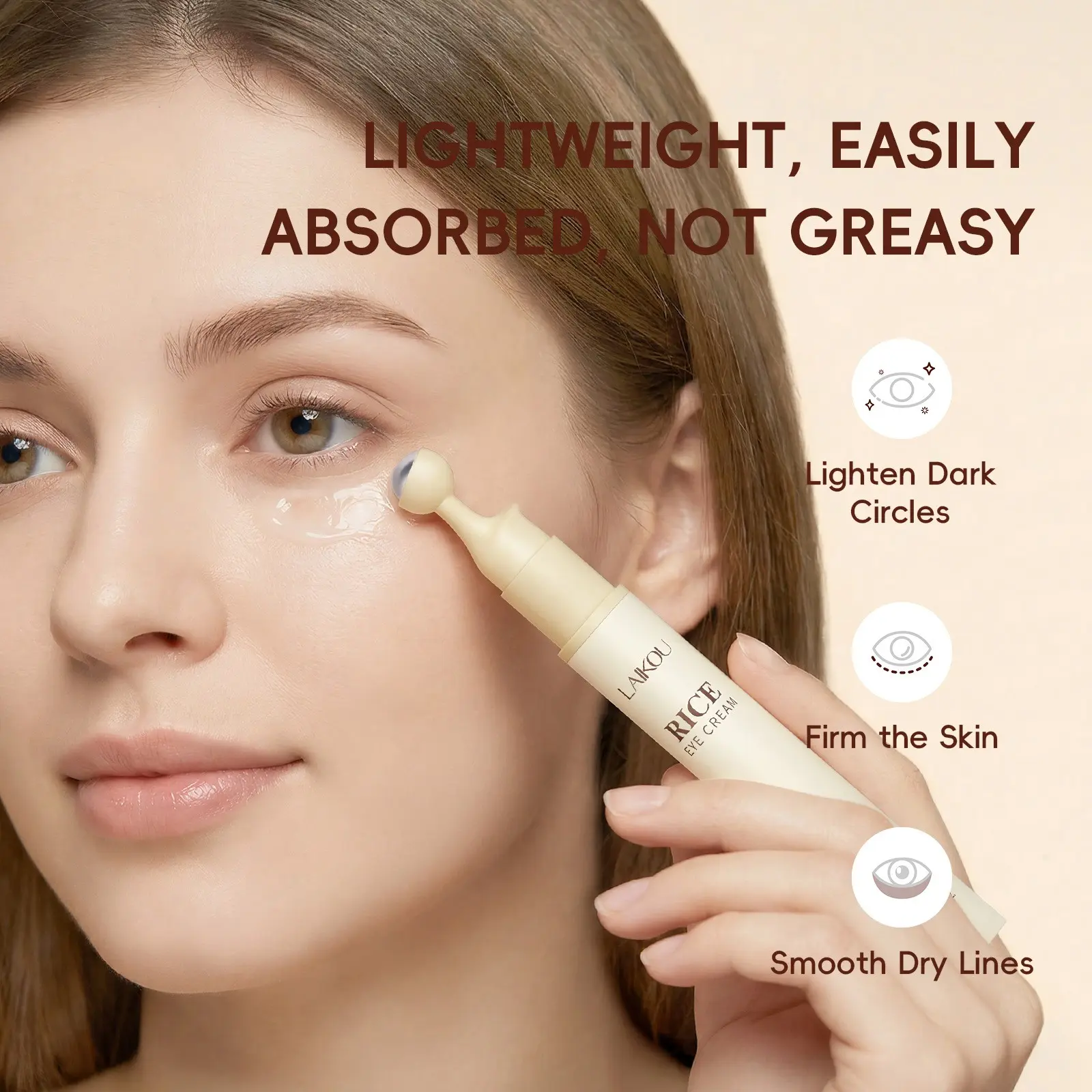 Rice Roll-On Moisturizing Hydrating Eye Cream 15g ， Korean Rice Extract Cooling Metal Ball, Cooling Effect ， Reduces Puffiness & Dark Circles ， Snail-Free Vegan Formula ，TSA Friendly Portable ， Late Night Camping Hiking Essential