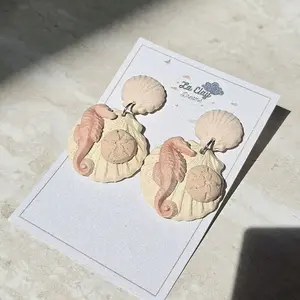 LaClayDreams Handmade Polymer Clay Dangle Earrings with Sea Shells Sea Horses & Sand Dollar Design Unique Ocean Inspired Jewelry