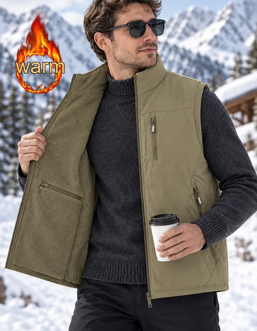 Men’s fleece-lined warm vest, casual insulated top, stand collar sleeveless workwear vest, temperature-locking warmth, full-length zipper front closure, multi-zipper pocket design, suitable for outdoor mountaineering, commuting, and everyday travel.