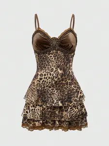 RINNECY Spring Summer Vintage Western Cowboy Hippie Velvet Patchwork Leopard Print Asymmetrical Hem Slip Dress