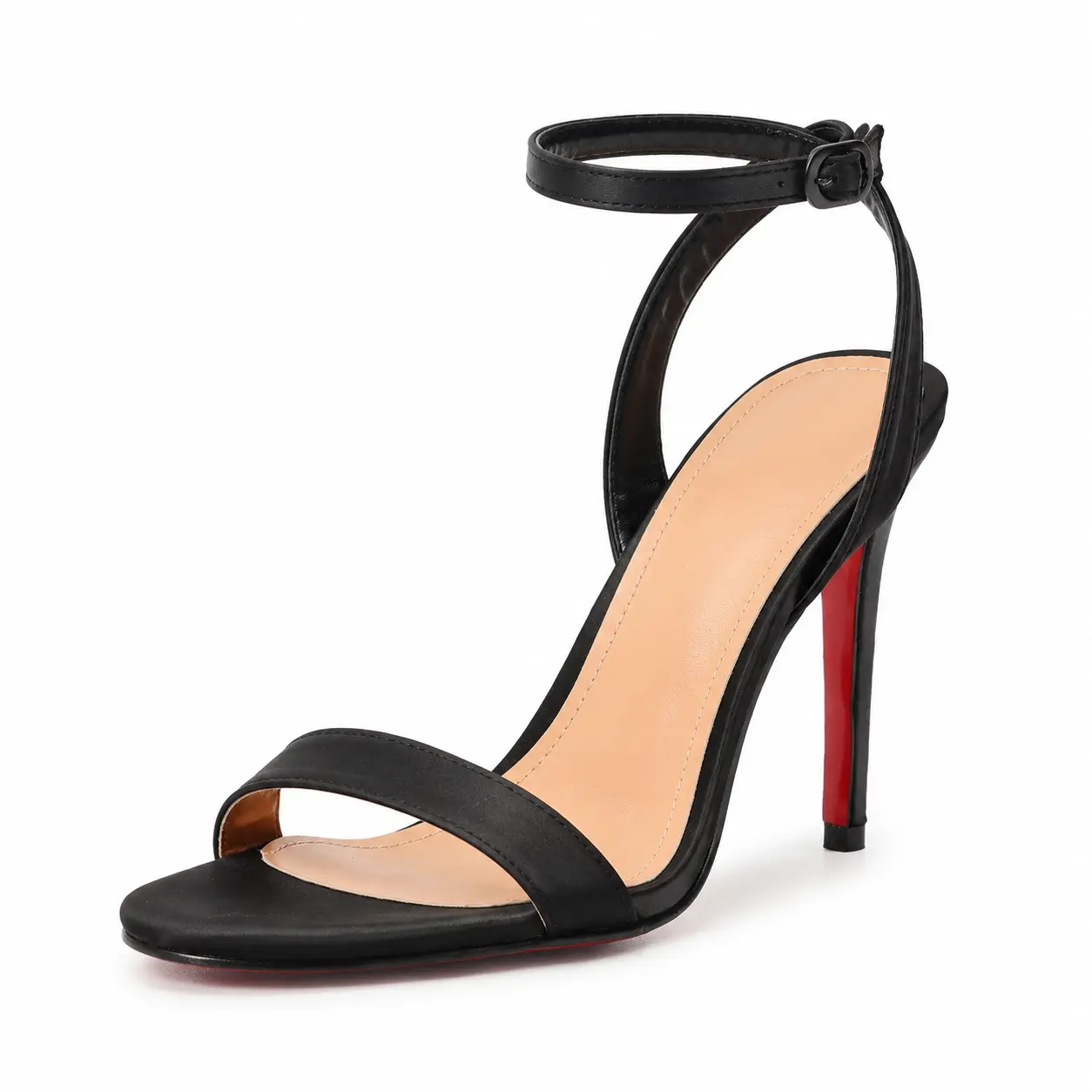 Women's Custom-Made Chic Open-Toe Satin Stiletto High Heels - Faux Leather, Adjustable Ankle Straps, Red Soles, Black Heels - Ideal Shoes for Cocktail Parties, Heels For Women, Classic, Dress, Open-Toe Strap Women's Heeled Sandals