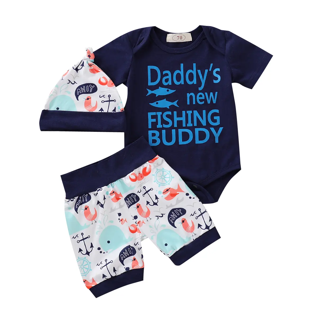 Toddler Infant Baby Boys Summer Outfit Sets Solid Color Short Sleeve Daddy's Fishing Buddy Print Romper Fish Print Shorts Hat 3pcs Clothes Set