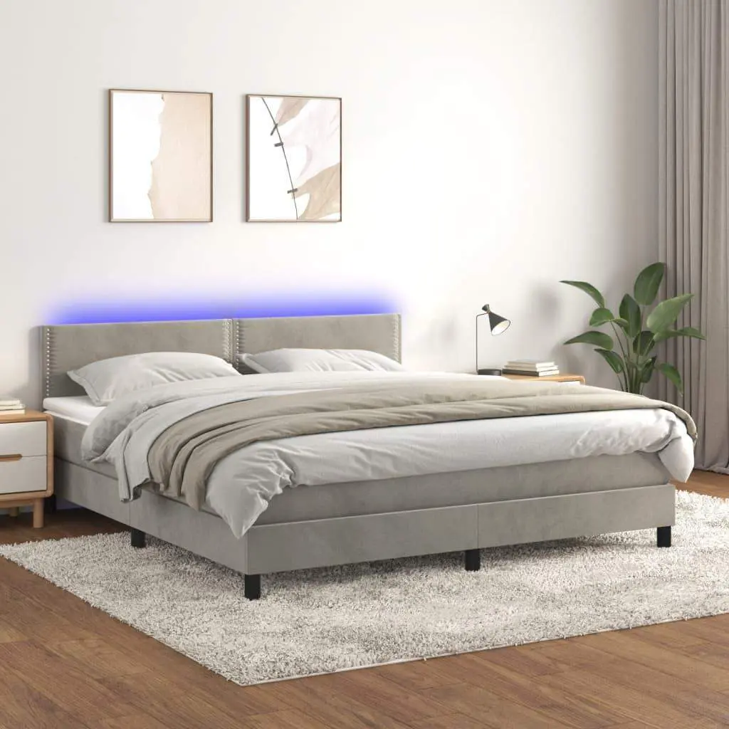 Box Spring Bed with Mattress&LED Light Gray King Velvet