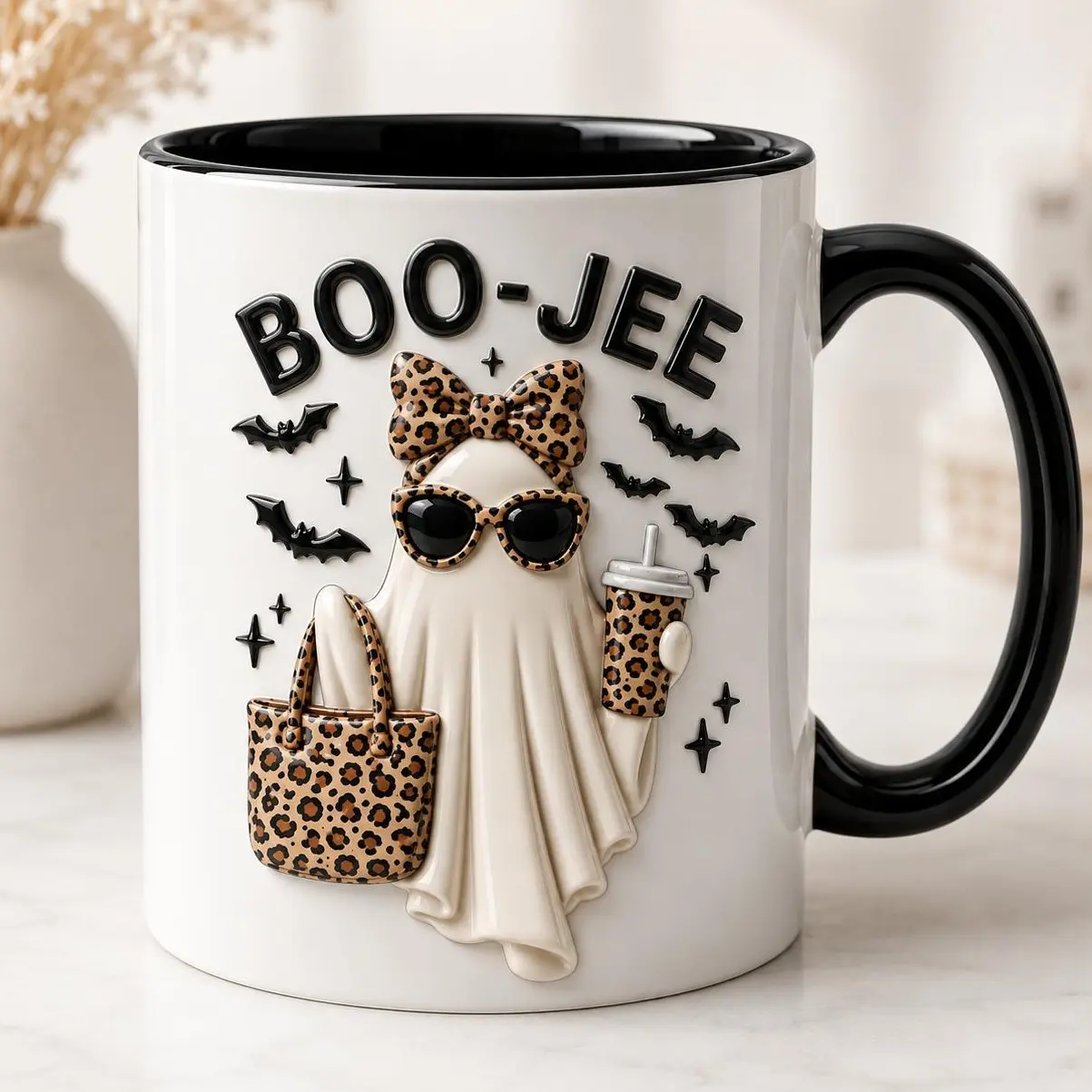 3D Embossed Mug Both Sides For Halloween, Boo-Jee Ghost Mug, Leopard Ghost Gift, Ghost Coffee 3D Mug, Funny Fall Mug, Girly Halloween Gift, Boojee Mug