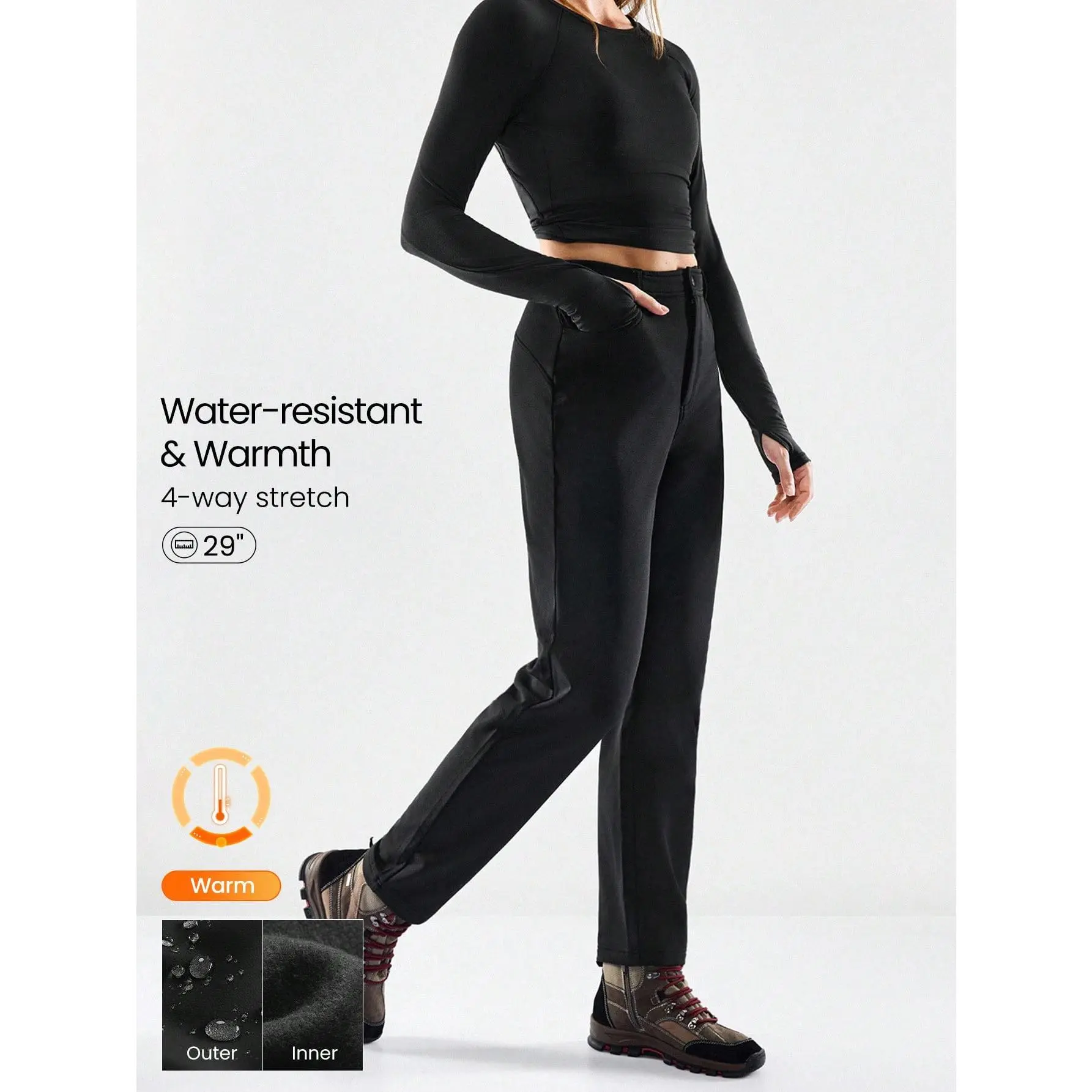 GLOWMODE Outdoor Trek Stretchy Water-Repellant Fleece Lining Side Pockets Placket Design Elastic Waistband Tapered Pants Autumn Winter Outdoors Daily Casual Wear
