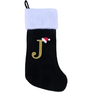 20 Inches Large Super Soft Embroidered Monogram Christmas Stocking Letter J, Black Velvet with White Plush Cuff for Christmas Family Decor
