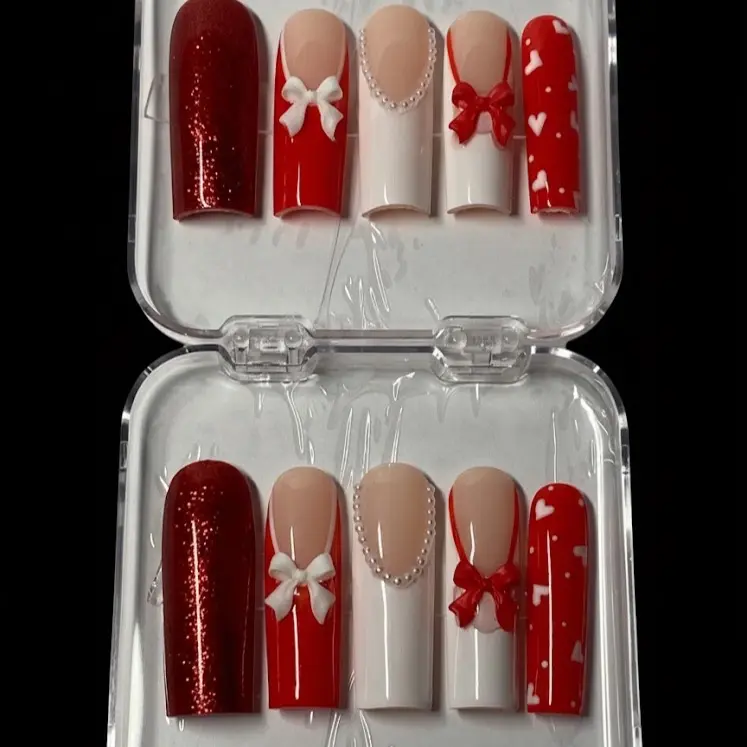 Valentine's Day Glitter & Bow Design False Nails Set - Red & White Artificial Nail Tips for Festive Look