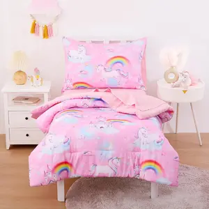 - Toddler Bedding Set for Girls, Colorful, 4 Pieces Soft Crib Bed Set Including Comforter, Sheets and Pillowcase, Pink