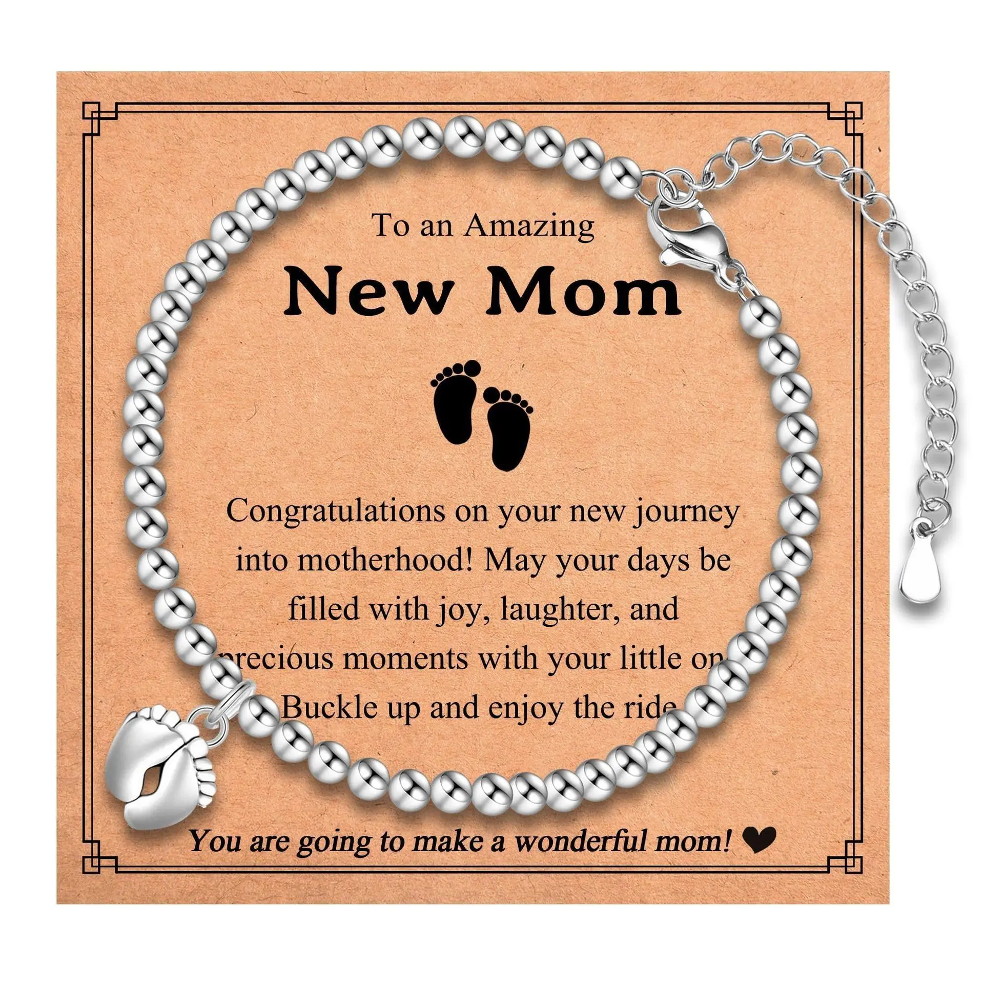 Mom Card Foot Silver Bead Bracelet
