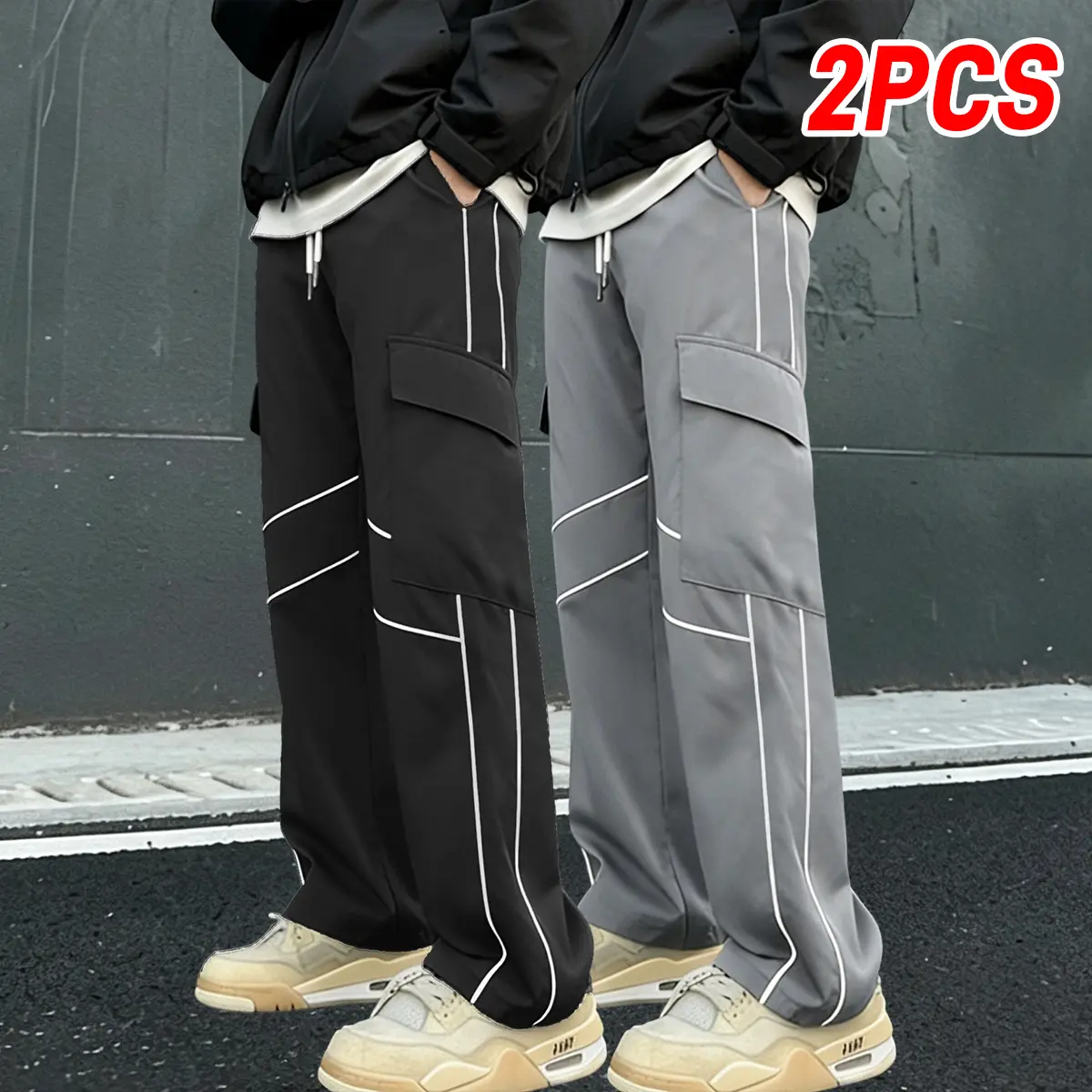 Men’s 2-pack striped wide-leg cargo pants, high-waisted with elastic drawstring, loose straight-cut work trousers with side pockets, wrinkle-resistant fabric, suitable for street style, hip-hop style, and everyday outdoor casual wear.