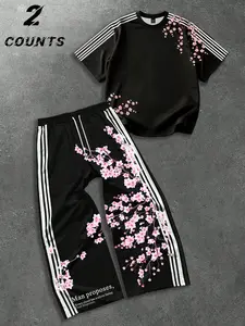 Viral TikTok Cherry Blossom Streetwear Set Black Striped Oversized T-shirt & Wide Leg Pants 2026 Gen Z Hip Hop Outfit Japanese Sakura Print Casual Daily Sportswear
