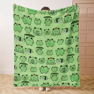 Cartoon Frog Printed Flannel Blanket, Cute Fun Cartoon Design, Lightweight All-Season Throw, Perfect for Kids Adults, Ideal for Bed, Sofa, Office, Camping, Flannel Blankets, Throw Blankets