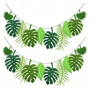 2Sets Monstera Banner, Hawaii Party Decor Bunting, Felt Leaf Hanging Ornament, Summer and Tropical Rainforest Party Decoration, Party Decorations Banners