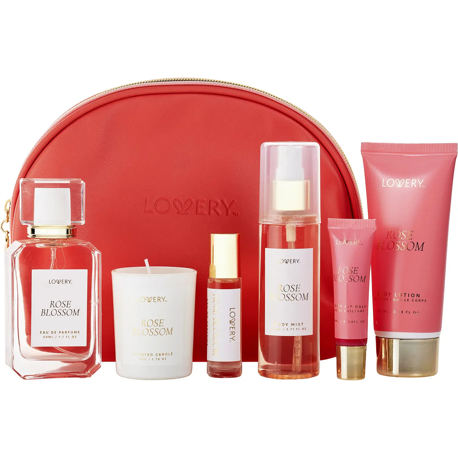 Lovery Rose Blossom Set-Parfum Spray 1.7 Oz & Body Lotion 3.3 Oz & Body Mist 2 Oz & Parfum Roll-On 0.34 Oz Mini + Scented Candle 1.7 Oz & Lip Balm 0.34 Oz & Bag For Women