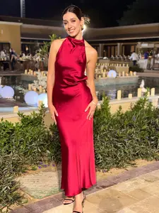 Summer Women's New Halter Neck Satin Dress, Backless Draped Silky Texture, Elegant Fashion Party Dress, Slim-Fitting, Formal Elegant Dress