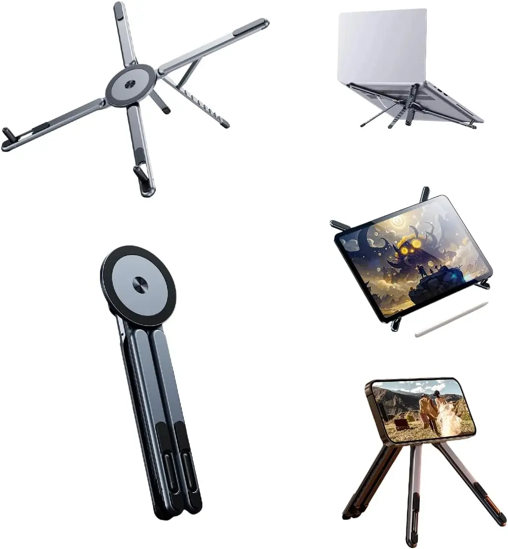 Universal 3-in-1 Laptop/Tablet/Phone Stand - 360° Swivel, Adjustable Height, Foldable Aluminum Holder for Desk, Office & Travel