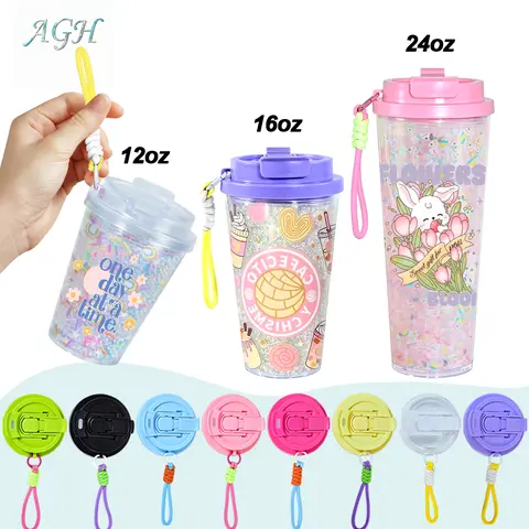 AGH US New Collection 8pcs 12/16/24oz 2-in-1 Double Walled Snow Globe with Mixed Color Lids and Straps, with Pre Drilled Hole And Plugs