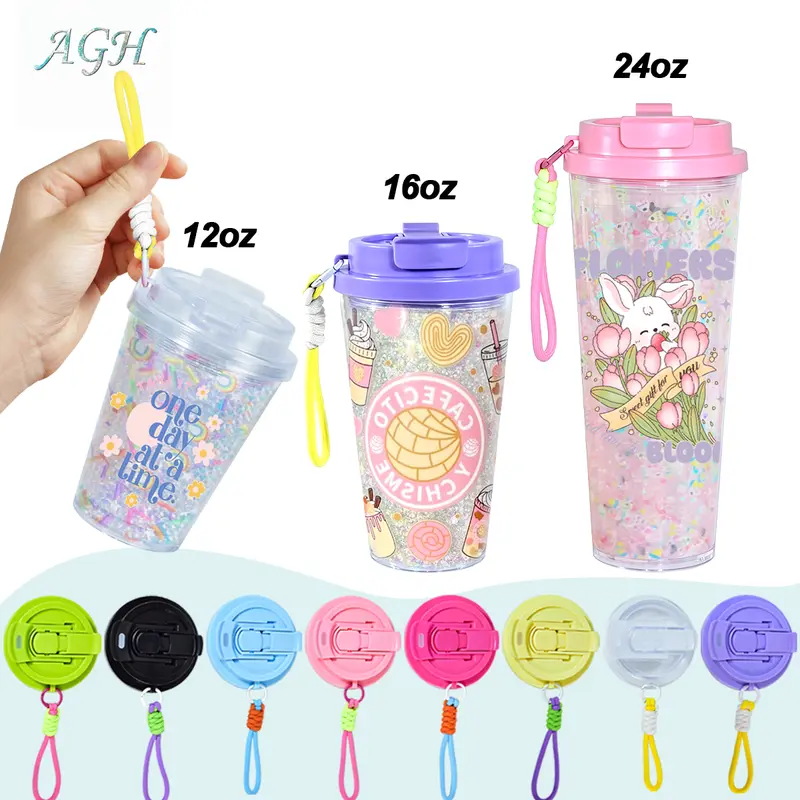 AGH US New Collection 8pcs 12/16/24oz 2-in-1 Double Walled Snow Globe with Mixed Color Lids and Straps, with Pre Drilled Hole And Plugs