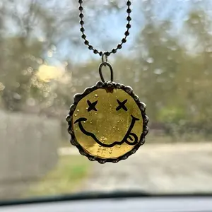 90s Band Smiley Car Charm - Stained Glass Suncatcher, Features Smiley Face Design, Chain Loop, Wall Window Decor