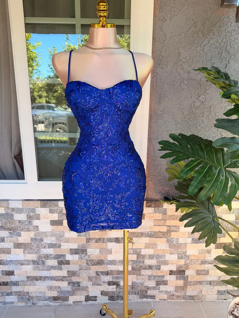 open lace back dress Zapaka Women Royal Blue V-Neck Long Cocktail Party Dress with Short Sleeves A-Line Wedding Guest Dress with Bow, Royal Blue / S