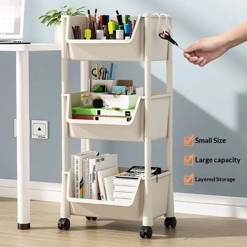 3/5Tier Multifunctional Multi-Layer Plastic Storage Cartwith Wheels, Layered Shelf Organizer for BedroomKitchen Bathroom Living Room Beige