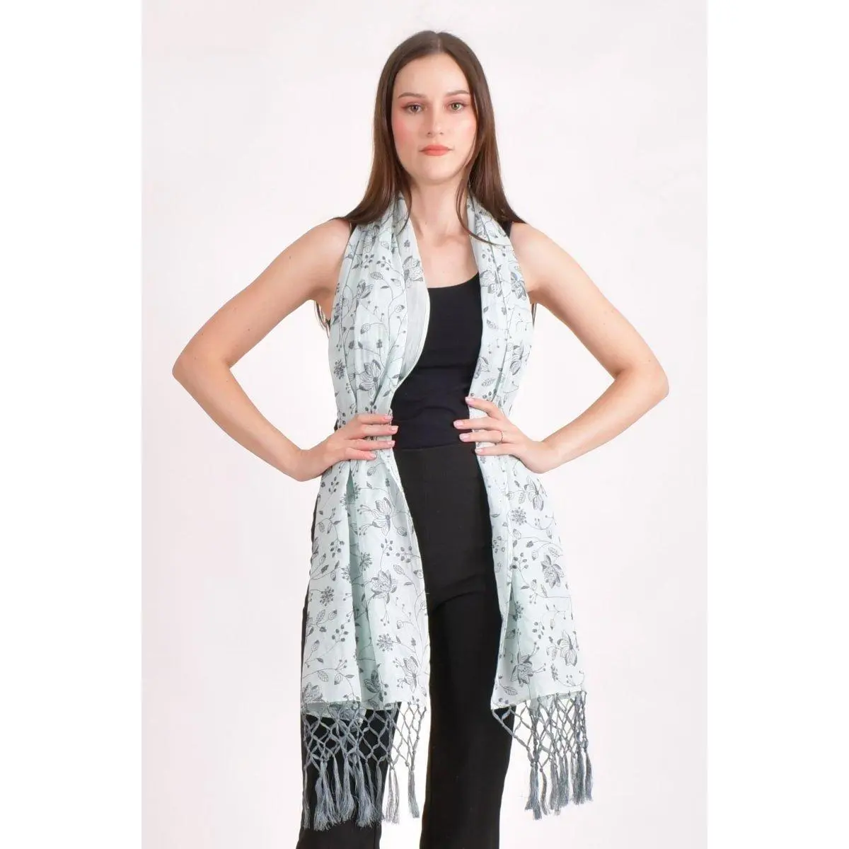 Sage Green Soft Embroidered Mul Cotton Scarf Wrap