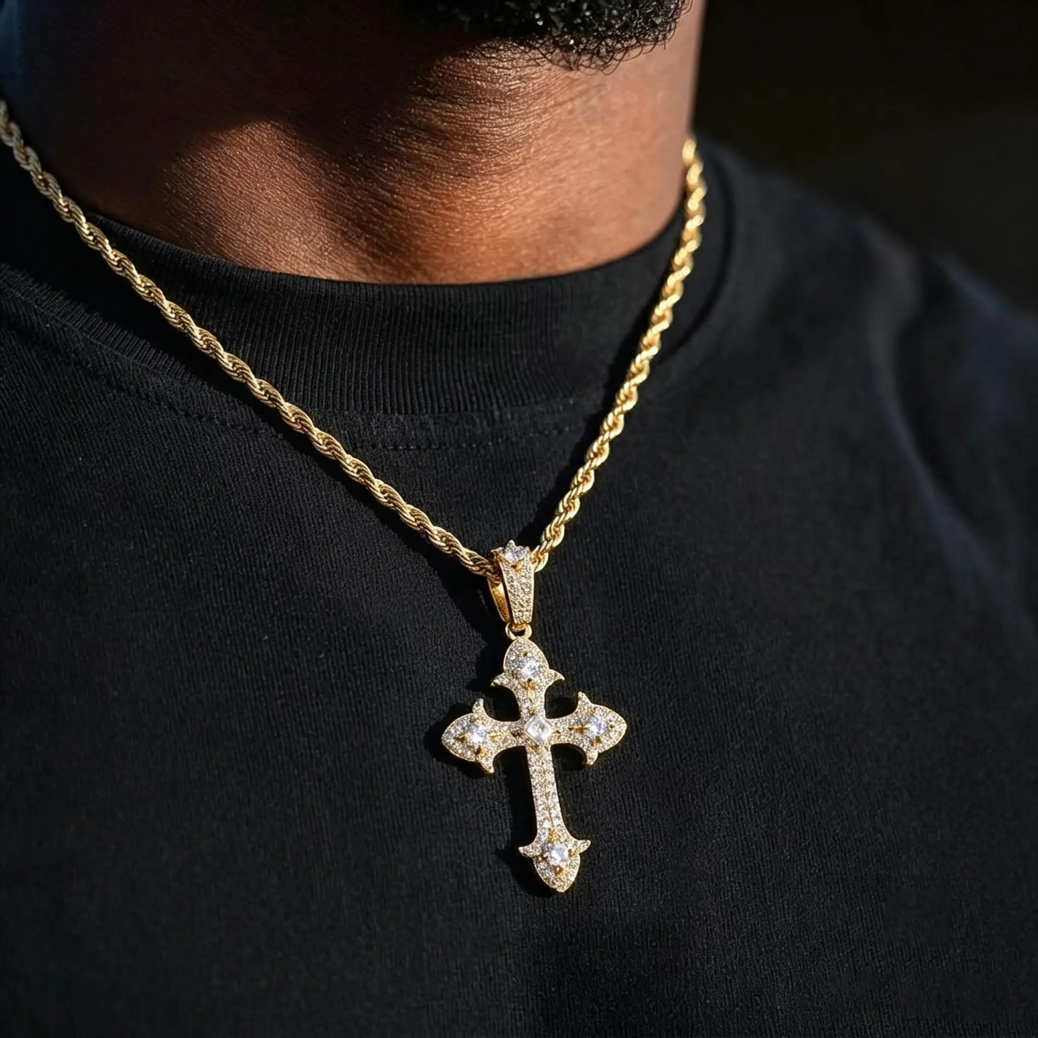 Iced Out White Gold-Plated Cubic Zirconia Cross Pendant Rope Chain - Men's Jewelry, Women's Jewelry, Cross Necklaces, Faith Statement Necklaces, Trendy Hip Hop Accessory, Jewelry For Women, Chains