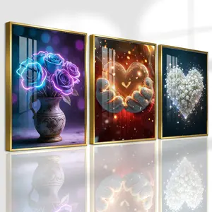 3 Counts Aluminum Alloy Framed Painting, Glowing Roses And Sparkling Heart Flowers Pictures, Home Decoration For Living Room, Bedroom, Office, Restaurant, Hallway Wall Decor, Odorless Print Artwork, Luxury Perfect Gift For Friends And Family