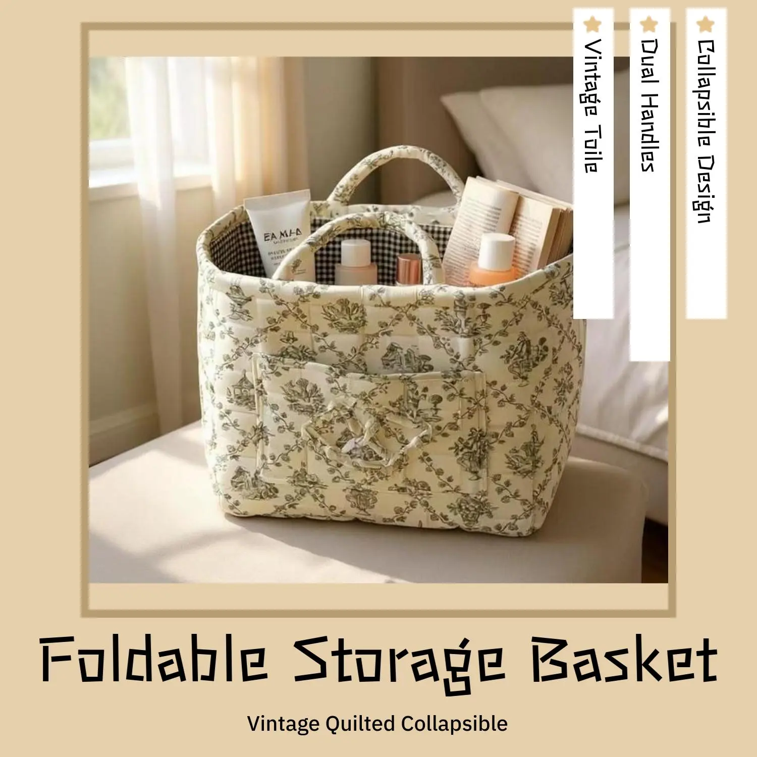 Floral Pattern Basket - Washable Cotton Home Supplies, Collapsible Space-Saving Organizer for Clothes/Toys, Large-Capacity Easy-to-Clean Decorative Storage Option