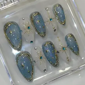 Handmade Celestial Starry Night Press On Nails | 3D Gold Chrome Moon & Star Art | Ice Blue Glitter Mystical Almond Fake Nails
