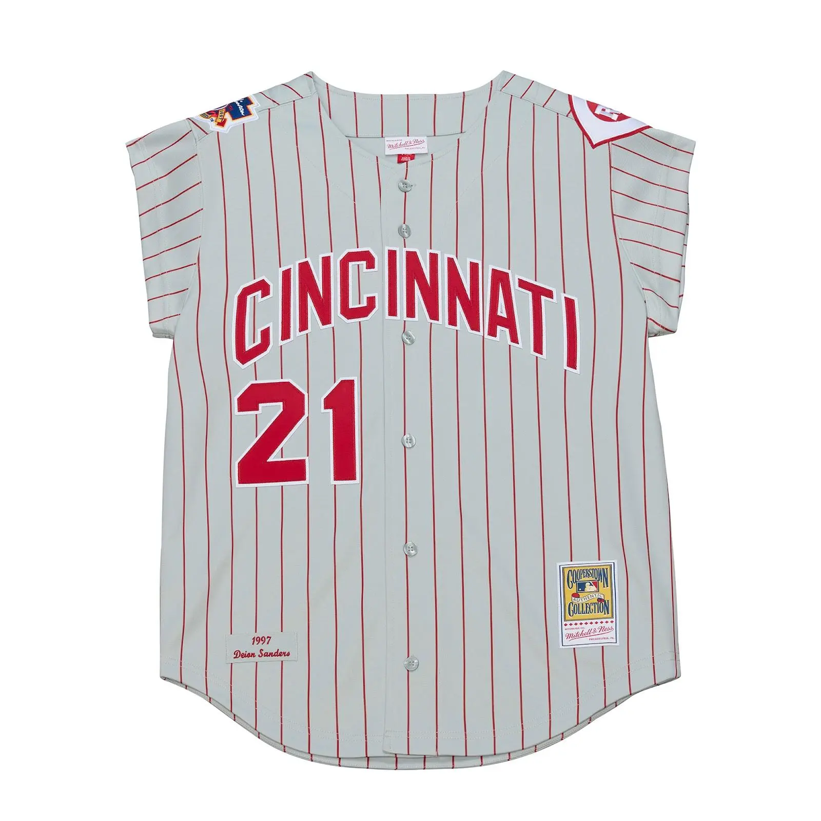 Deion Sanders Cincinnati Reds 1997 Gray Authentic Jersey MLB Throwback Baseball Cooperstown Fan Gear Mitchell & Ness