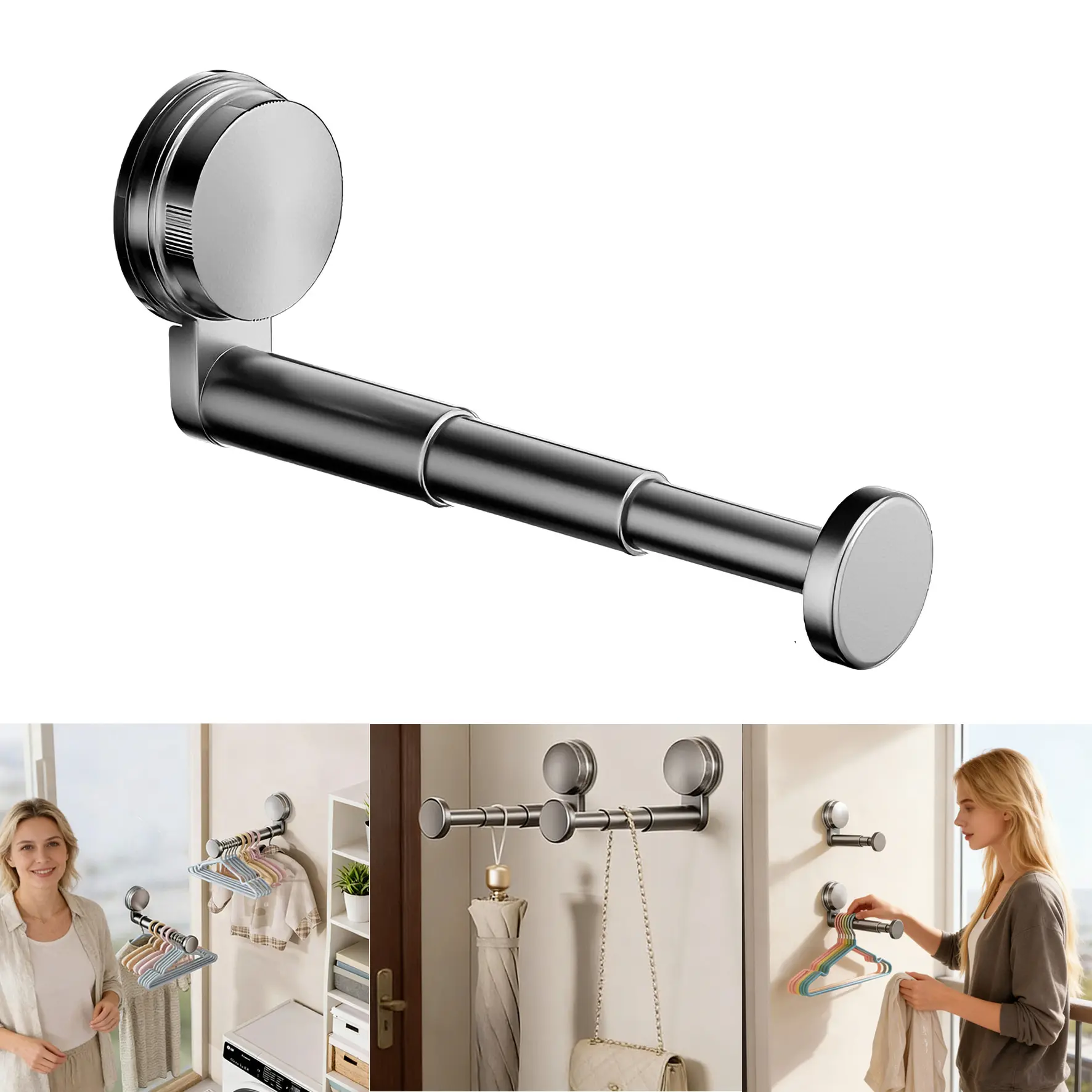 No-Drill Retractable Suction Cup Clothes Hanger Rack, Foldable Extendable Wall Mount Hangable Storage Organizer Space Saving for Laundry Room Bathroom Bedroom
