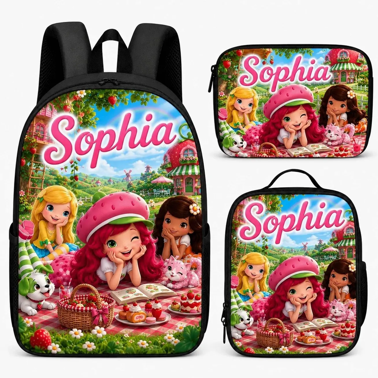 Custom Name Sweet Strawberry Girl Student Backpack Set | 3Pcs Schoolbag Insulated Lunch Bag Pencil Case | Personalized Back to School Gift