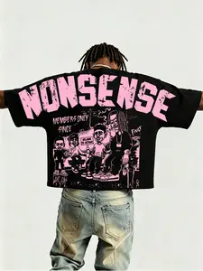 American Streetwear Cartoon Brand Short Sleeve T-Shirt, Vintage Distressed Hip-Hop Style, Heavyweight Batwing Sleeves, Trendy Fashion Top