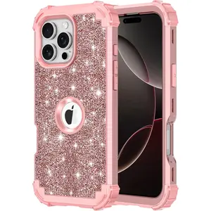 For Iphone 16 Pro Case Glitter Sparkly Bling 3 in 1 Shockproof Heavy Duty Hybrid Sturdy High Impact Protective Cover Case for Apple Iphone 16 Pro 6.3 Inch 2024,Rose Gold Lontect