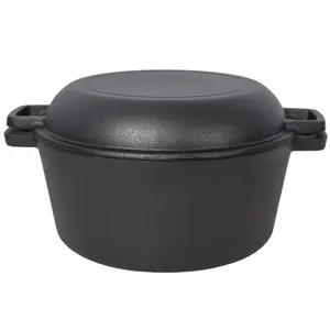 3 in 1 Pre-Seasoned Cast Iron Dutch Oven, Outdoor Camping Deep Pot, 5 Quart. Cover As A Skillet with Ribbed Bottom Design. With 1PC Iron Pot Rack, 1PC Lid Lifter.