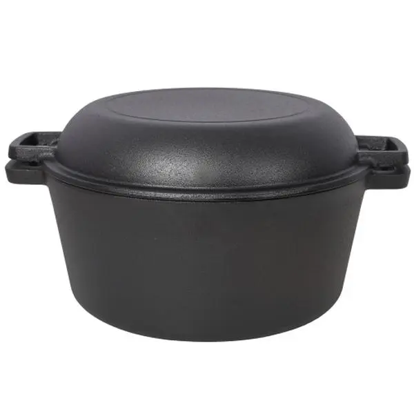3 in 1 Pre-Seasoned Cast Iron Dutch Oven, Outdoor Camping Deep Pot, 5 Quart. Cover As A Skillet with Ribbed Bottom Design. With 1PC Iron Pot Rack, 1PC Lid Lifter.