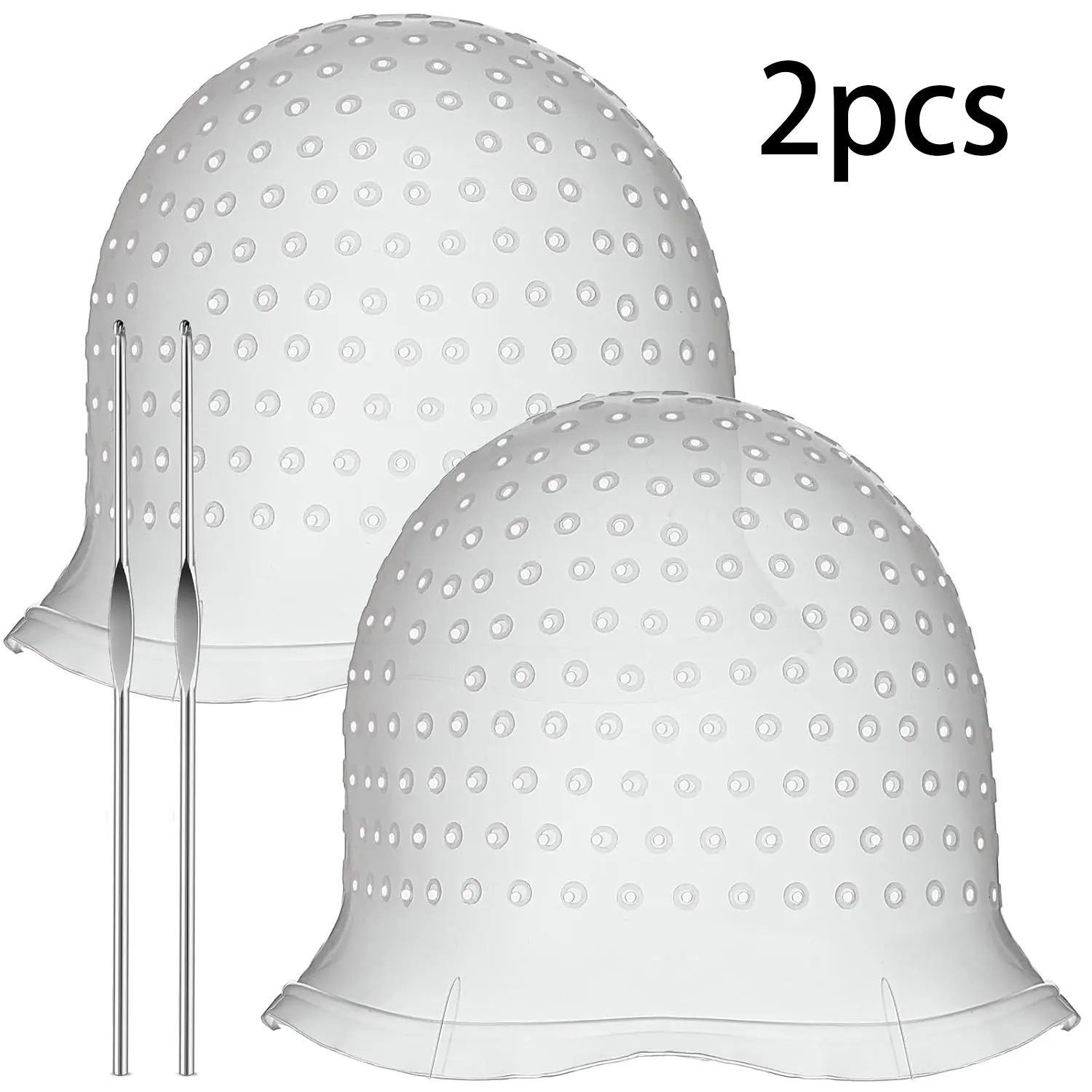2 Pcs Reusable Hair Dye Cap, Transparent Silicone Highlight Cap with 2 Metal Hook Needles, Professional Hair Coloring Cap for Salon & Home Hair Highlights, Frosting Hair Dye Kit hair hair