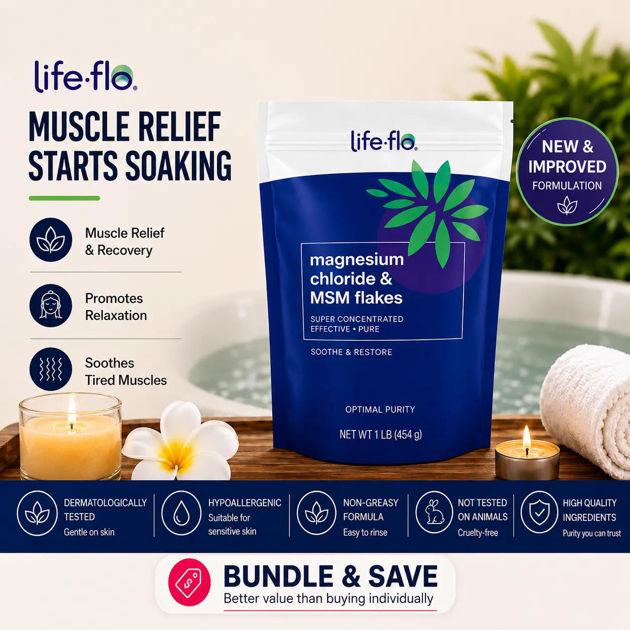 NEW! Life-flo Magnesium Chloride & MSM Flakes 26.4oz - Bath Soak Ritual - Find Your Flo