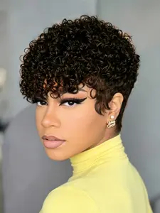 Human Hair Wig for Women Short Layered Pixie Wigs With Bangs Curly Human Hair Wig Natural Black 1B Color for Everyday Use Easy Maintenance Wig Curly Texture Wig